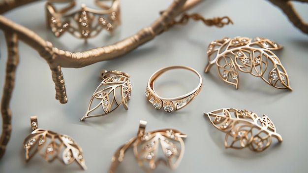 Деликатные и элегантные золотые украшения с бриллиантами, разбросанными по белой мраморной поверхности