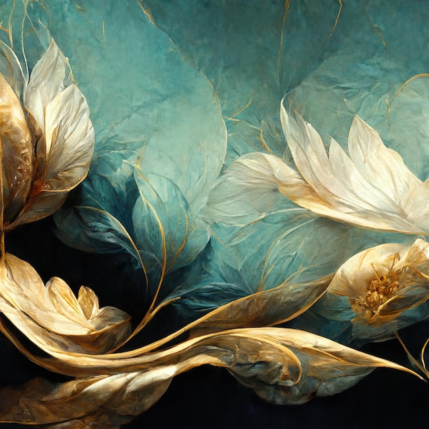 魔法の花の宝石と光の効果を持つ繊細な素晴らしいターコイズ ブルーの豪華な背景 3 D イラスト Ai レンダリング