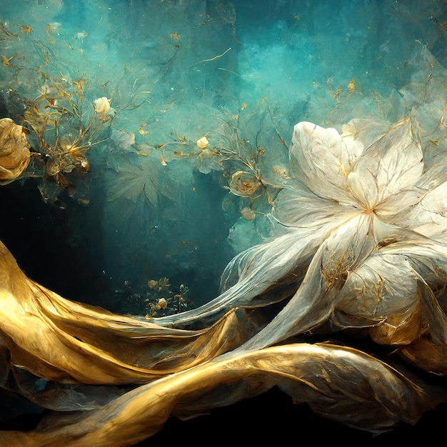 Delicate fabulous turquoise luxury background with magic flowers jewels and light effects 3D illustration Ai render