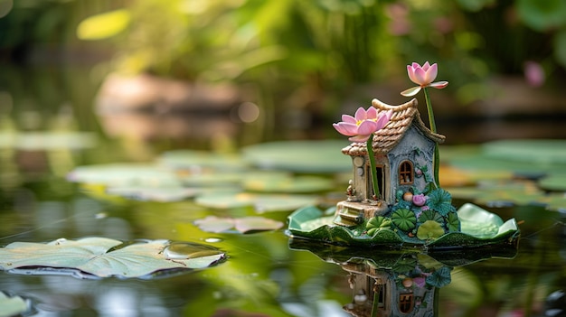 A delicate fairy house atop a floating lotus leaf surrounded by serene water lilies AI Generative