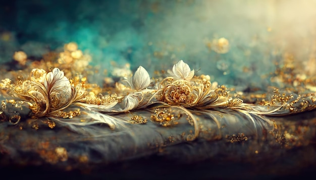 Delicate fantastische turquoise luxe achtergrond met magische bloemen juwelen en lichteffecten 3D illustratie Ai render