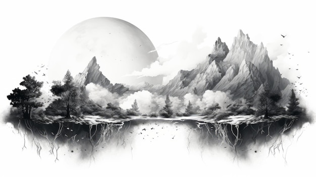 Photo delicate fantasy world black and white mountain and river illustration