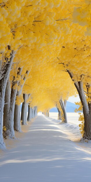 Photo delicate fantasy yellow tree lined road with snow 8k ap photo