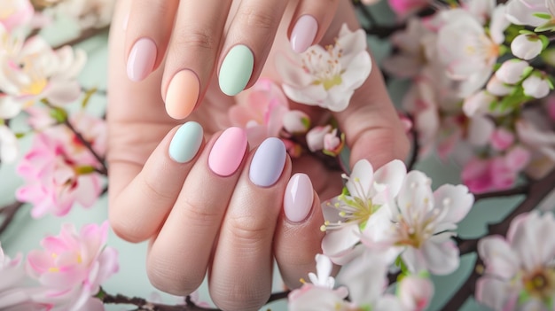 Delicate female hands showcase intricate Easterthemed pastel nail art on elegantly