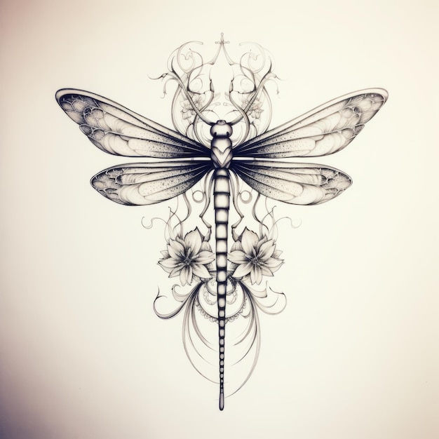 Delicate Flight Een fijne lijn Zwarte en Witte Dragonfly Tattoo Design