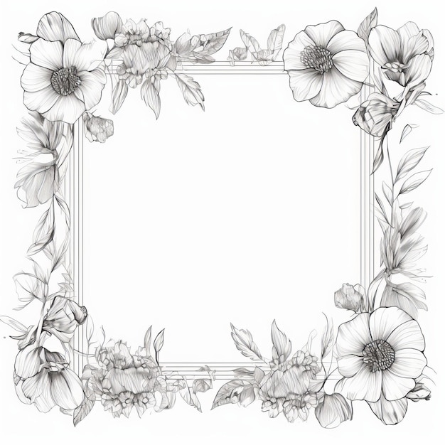 Delicate Floral Frame Handdrawn Pencil Meadow Flowers Storage Invitation