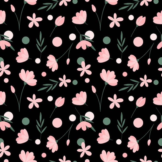 Delicate floral seamless pattern on black background. Pink flowers, green leaves, circles repeat print. Cute hand drawn ornament for textile, fabric, wallpaper, wrapping paper and decoration.