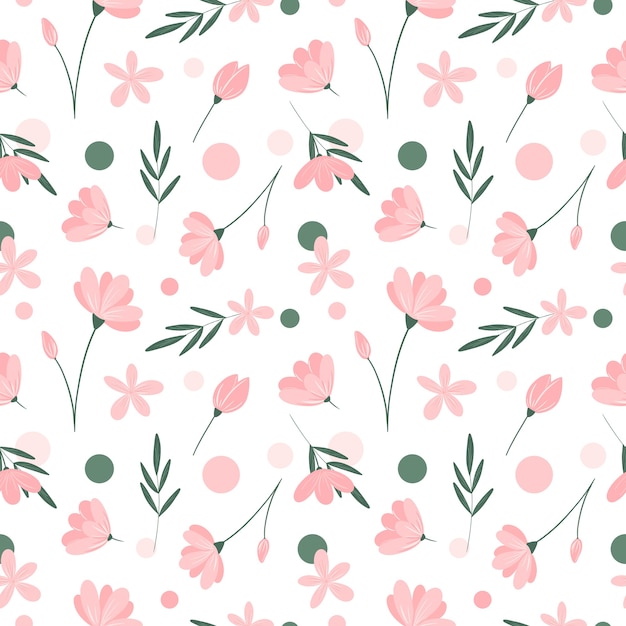 delicate floral seamless pattern on white background pink flowers green leaves repeat print