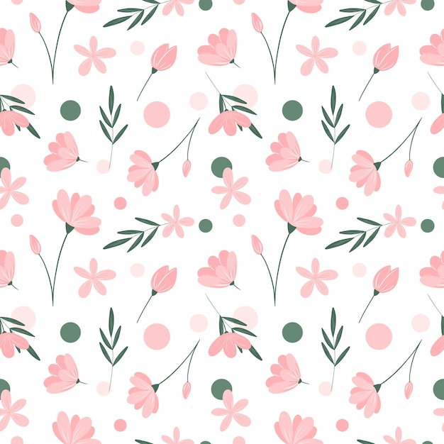 Delicate floral seamless pattern on white background Pink flowers green leaves repeat print