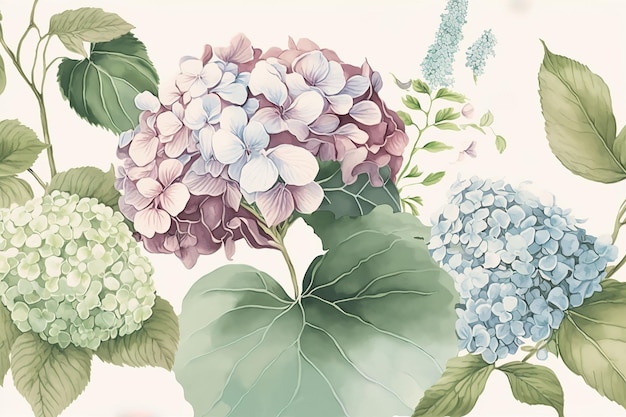 Delicate floral watercolor pattern on light background hydrangea flowers and green leaves soft colors boho style on light background floral vintage wedding style space for text Generative AI