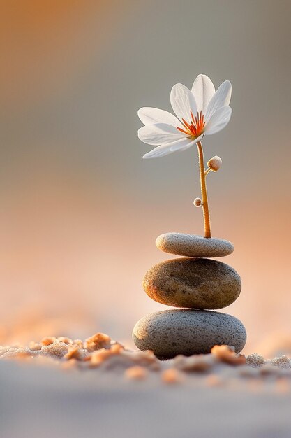 delicate flower blooming beside a balanced stone stack