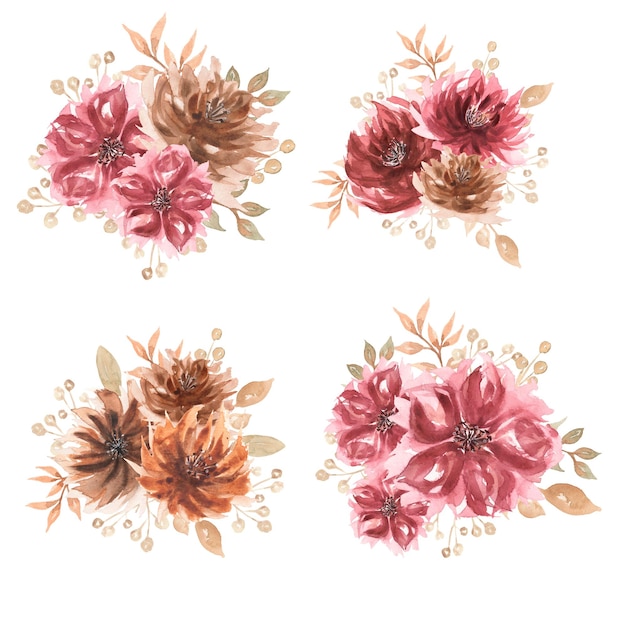 Delicate flowers Clipart Watercolor hand drawn Florals Bouquet illustration Beige and red Flowers