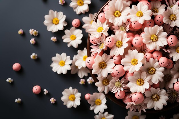 delicate flowers dreamy style ethereal light eggs easter top view pink gray background