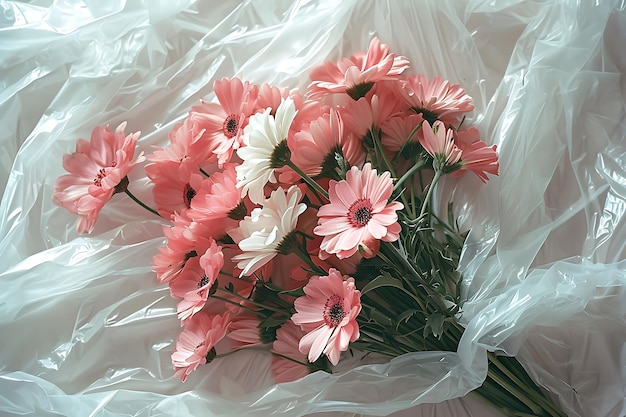 Delicate Flowers on Plastic Background Top View