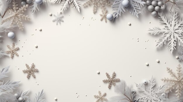 a delicate frame made of snowflakes in pastel gray tones evoke a winter concept and be presented in a flat lay style with a top view ample copy space to convey the holiday message