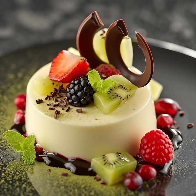 A delicate French dessert with a sweet aroma topped with a variety of fruits and chocolate decor