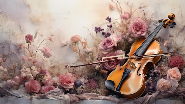 Foto delicatezza grunge consistenza chiaroscuro spazzatura giornale carta illustrazione di distretto rococò antica fantasia sfondo acquerello stile romanticismo rose petali e vintage violino