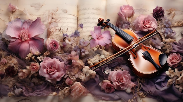 Foto delicatezza grunge consistenza chiaroscuro spazzatura giornale carta illustrazione di distretto rococò antica fantasia sfondo acquerello stile romanticismo rose petali e vintage violino