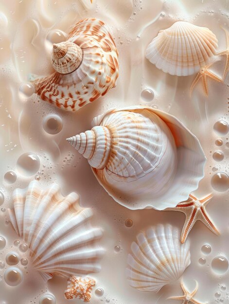 Delicate handdrawn seashells elegant summer beach background white and beige