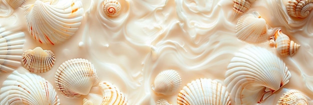 Delicate handdrawn seashells elegant summer beach background white and beige