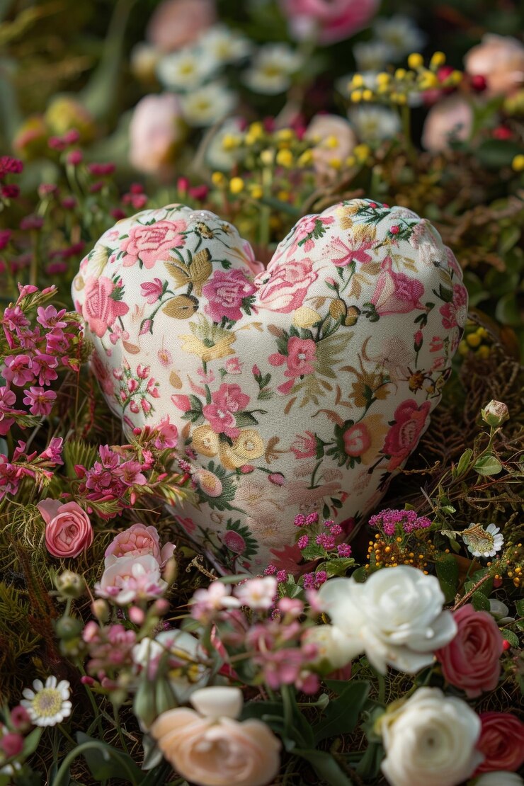 Photo a delicate heart crafted from delicate floral patterns nestled amongst a bed of blooming flowers