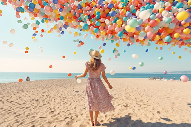 Delicate illustratie van een vrouw die meerdere ballonnen vasthoudt op het strand in een ideale eigentijdse stijl om generatieve AI van de zomer weer te geven