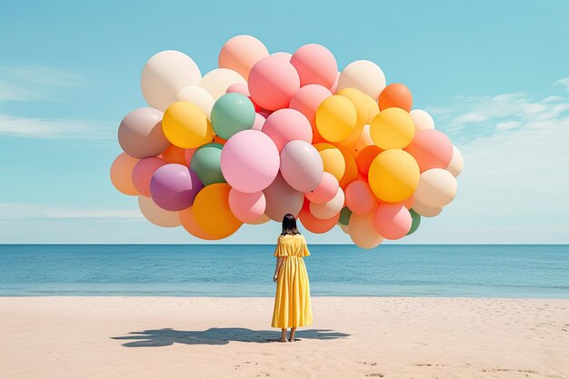 Delicate illustratie van een vrouw die meerdere ballonnen vasthoudt op het strand in een ideale eigentijdse stijl om generatieve AI van de zomer weer te geven