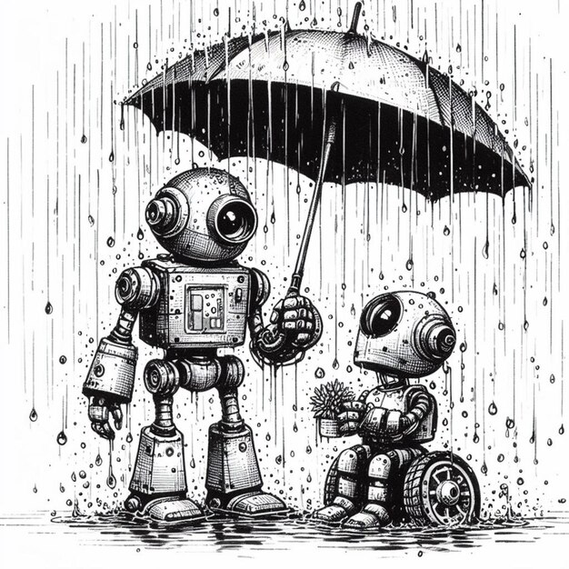 Photo a delicate illustration of a robot embracing rain with an umbrella