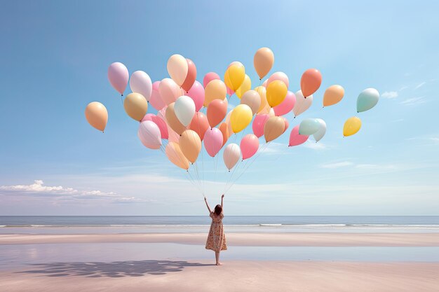 Delicate illustration of a woman holding multiple balloons at the beach in an ideal contemporary style to represent summer Generative AI