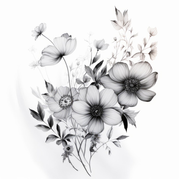 Delicate Illustrations of Black and Gray Wild Flowers on a Serene White Background