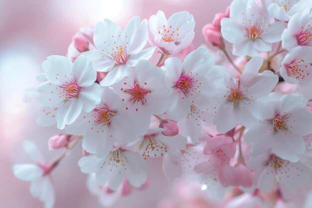 Delicate kersenbloesems in zachte roze en witte dansen in een droomachtige voorjaarsbries