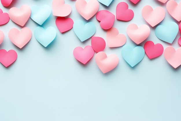 Delicate kleine hartjes gepositioneerd op een pastelkleurige achtergrond creëren een zacht ontwerp perfect voor een Valentijnsdag groetkaart en liefdesfeesten