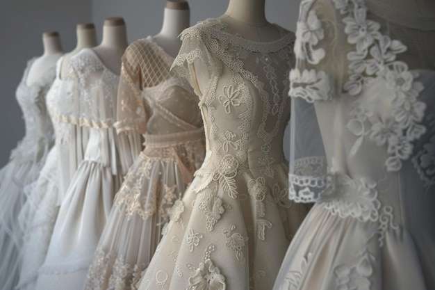 Delicate lace wedding dresses on display
