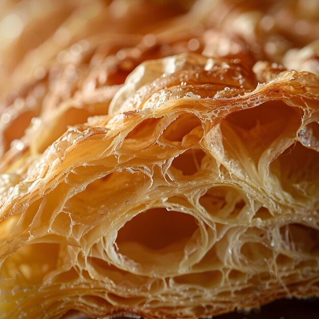 Delicate lagen van schilferig gebak CloseUp opnames van een boterige croissant in Eater thema