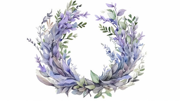 Delicate lavander and eucalyptus wreath in watercolor AI generated