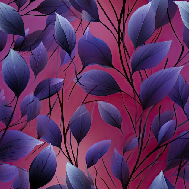 Delicate leaves pattern on a pink background with twisted branches tiled