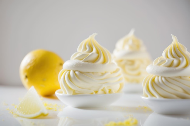 Delicate lemon mousse atop fluffy meringues on white background with copy space Generative AI