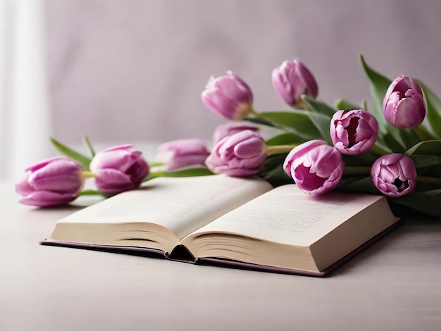 Delicate lilac tulips on an open book closeup