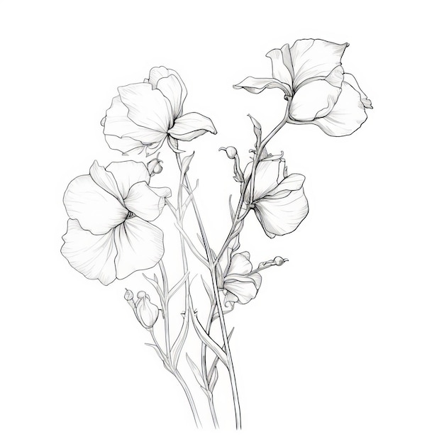 Delicate Line Drawings Of Botanical Flowers On White Background