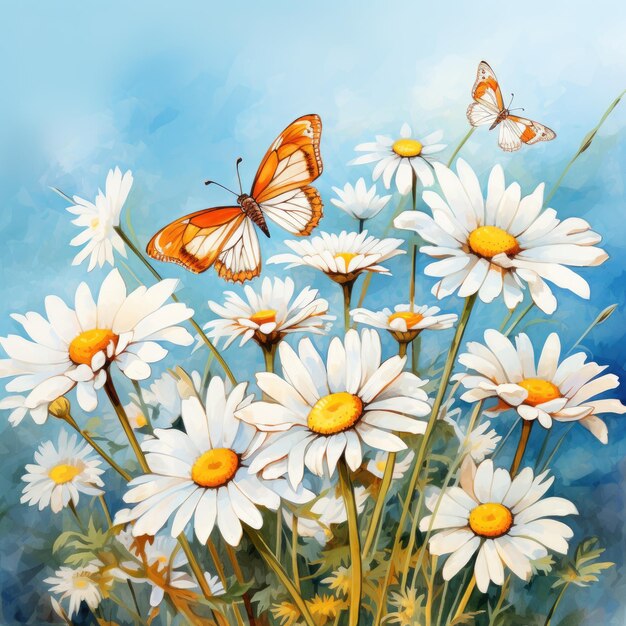 Delicate little butterflies flutter over a chamomile field