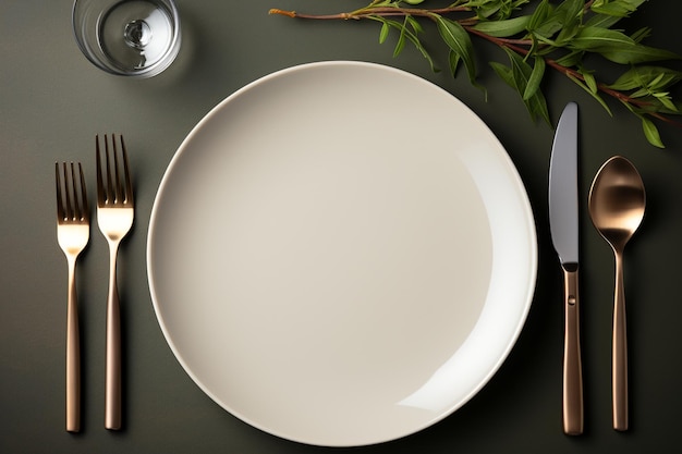 Delicate lunch a white plate with green grass and a full set of cutlery