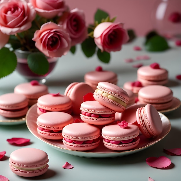 delicate macarons met frambozen- en rozensmaak, gevuld met een lichte ganache en gegarneerd