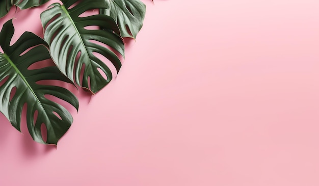 Delicate and minimalist green monstera leaves in pink background Free space for text AI generated