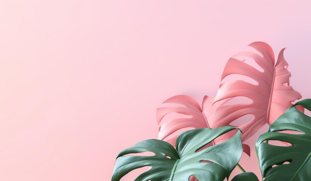 Delicate and minimalist pink and green monstera leaves background Free space for text AI generated