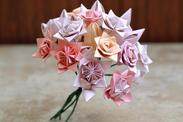 Photo a delicate origami flower bouquet with various blossoms created with generative ai