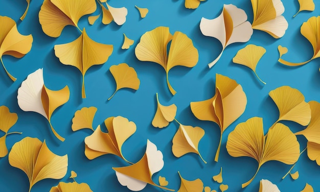 青色の背景に繊細な紙のイチョウの葉とミニマリストの要素がタイル状に並べられています
