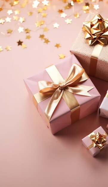 Delicate pastel geschenkdozen op een roze achtergrond met confetti en gouden linten Top uitzicht