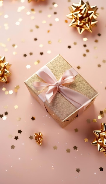 Delicate pastel gift boxes on a pink background with confetti and gold ribbons Top view