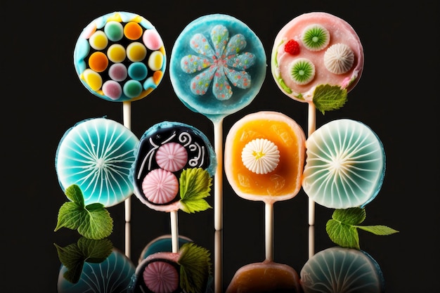 Delicate pastel handmade lollipops with fruity flavors on black background