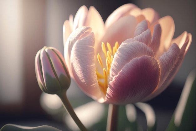 Delicate pastelroze tulpen in halve close-up tegen een zachte achtergrond